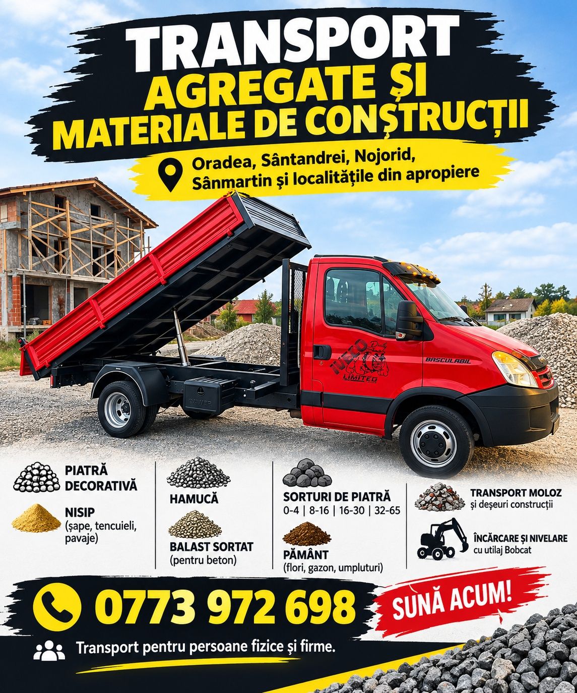 Transport de piatră decorativa, nisip , hamuca, pământ,balast, materiale de constructii,  moloz, pietriș